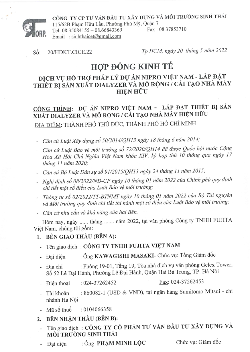 DỊCH VỤ HỖ TRỢ PHÁP LÝ DỰ ÁN NIPRO VIỆT NAM- LẮP ĐẶT THIẾT BỊ SẢN XUẤT DIALYZER VÀ MỞ RỘNG / CẢI TẠO NHÀ MÁY HIỆN HỮU