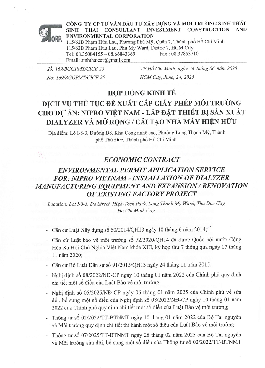 GIẤY PHÉP MÔI TRƯỜNG DỰ ÁN NIPRO VIỆT NAM - LẮP ĐẶT THIẾT BỊ SẢN XUẤT DIALYZER VÀ MỞ RỘNG / CẢI TẠO NHÀ MÁY HIỆN HỮU
