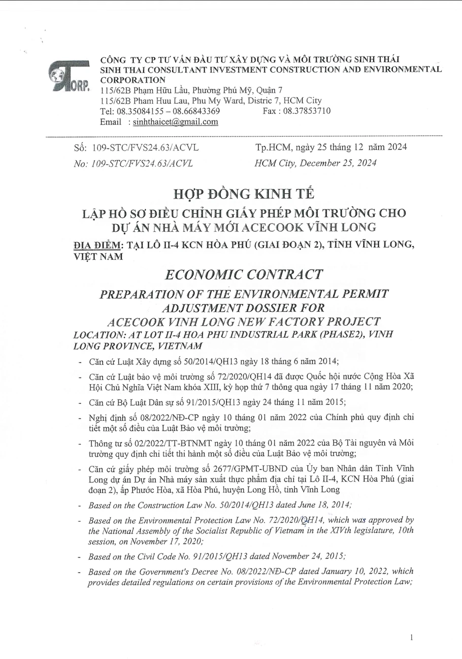 Lập Hồ Sơ Điều Chỉnh Giấy Phép Môi Trường Cho Dự Án Nhà Máy Mới Acecook Vĩnh Long